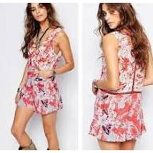 FREE PEOPLE Voile Santiago Tie Front Orange/Multi Floral Print Tank Romper M